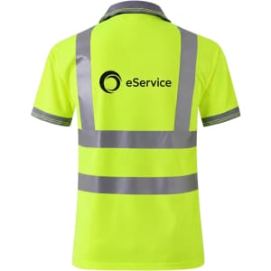 A bright yellow unisex polyester polo shirt with reflective strips and a logo on the back.