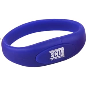 A blue oval silicone wristband with a flash drive and a logo.