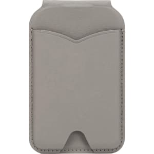 A grey PU magnetic card holder featuring a sleek design and a slot for cards, complete with a mirror on the back.