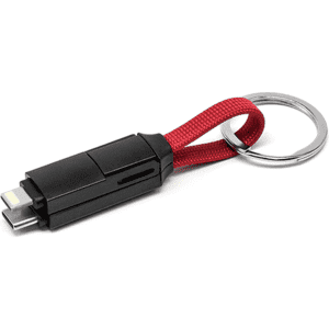 A 60W 3-In-1 ABS charging cable in black with a red strap, featuring a keyring attachment.