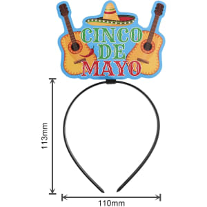 A black headband with a colourful "Cinco de Mayo" topper featuring two guitars and a sombrero.