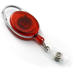 A red retractable oval card holder with a silver clip and clear strap. It includes a small attachment for cards.
