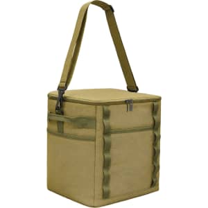 A foldable insulated cooler bag in olive green, featuring a sturdy strap and zip closure. It has exterior pockets and branding.