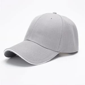 A grey 6-panel cap featuring a curved brim and a logo on the front.