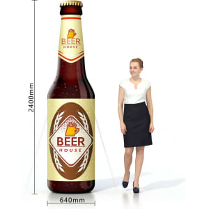 An inflatable beer bottle, featuring brown and gold colours, with a logo and dimensions of 2400mm height.