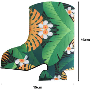 A drink bottle holder in the shape of a green boot, decorated with tropical leaves and flowers.