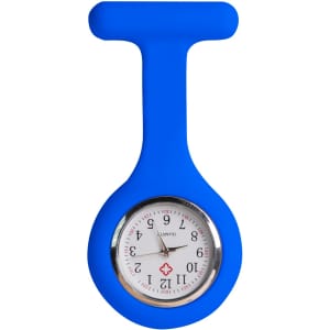 A blue silicone nurse watch with a round face featuring numbers and a logo.