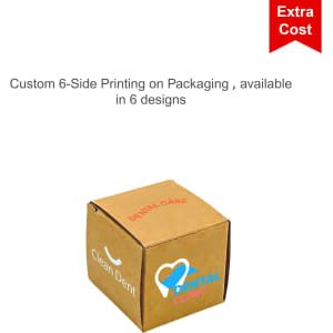 A brown cardboard box with six sides, featuring custom printing and a logo. It is available in six designs.