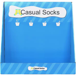A blue corrugated cardboard display with hooks for casual socks, featuring a logo at the top.