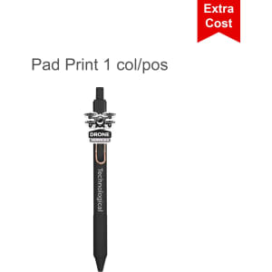 A black custom acrylic pen with a logo on the clip and a sleek design.