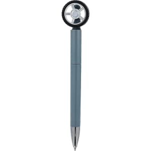 A grey pen shaped like a tyre with a black wheel design at the top and a shiny silver tip. It includes a logo.