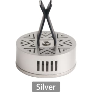 A silver car clip air freshener with a geometric design and black accents. Features a logo on the base.