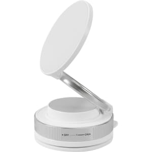 A white suction magnetic phone holder with a silver base and an adjustable, circular top.