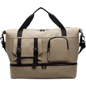 A tan travel weekender bag with multiple pockets and black handles. It features a detachable strap and a sleek design.