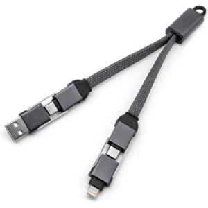 A 60W 4-in-1 braided charging cable in grey, featuring multiple connectors and a keyring attachment.