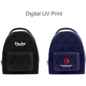 A black and navy EVA holes backpack with a logo on the front, featuring perforated designs for ventilation.