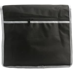 A black portable tool bag featuring grey trim and a zippered pocket on the front. The bag has a simple design.