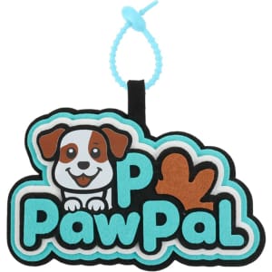 A custom felt hanging tag in black, teal, and brown with a dog design and paw print, featuring a loop for attachment.