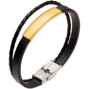 A double-layer bracelet in black leather and gold, featuring a braided design and a metallic clasp.