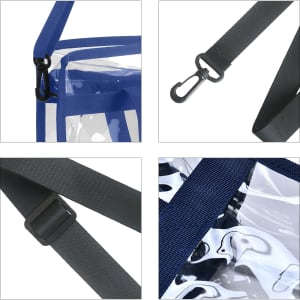 A clear tote bag with a blue shoulder strap, featuring adjustable clips and details of its transparent design.