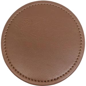 A brown PU coaster with a smooth texture and stitched edges. It features a logo in the centre.