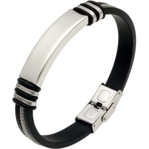 A stylish silver bracelet with black accents, featuring a sleek buckle latch and a smooth metallic surface.