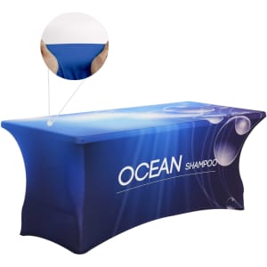 A blue stretch table cover designed for a 4ft table, featuring a logo. The fabric appears smooth and fitted.