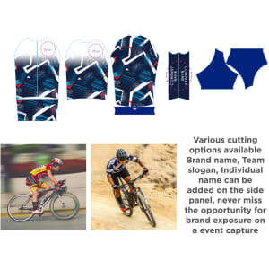 Unisex cycling jersey with sublimated stand collar and raglan short sleeves, featuring vibrant blue and white designs.
