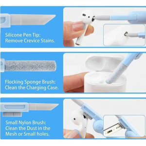 A 7 in 1 cleaning kit with silicone pen tip, flocking sponge brush, and small nylon brush in blue and white colours.
