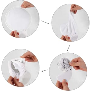 A 20cm foldable fan in white, demonstrating the process of unfolding and folding it. Includes hands holding the fan.