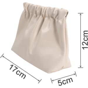 A cream, zipperless portable makeup bag with gathered top, measuring 17cm x 12cm x 5cm. Features a logo.