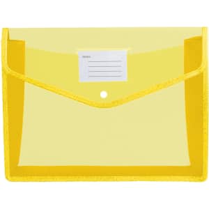 A yellow expanding document folder featuring a transparent front and a label area, with a closure button.