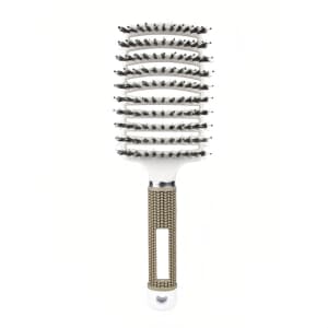 A detangler bristle hairbrush with a white head and a textured tan handle, featuring a branding logo.