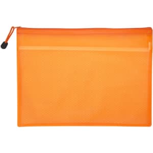 An orange A5 zippered pouch bag with a mesh texture and a smooth zipper closure, featuring a logo.