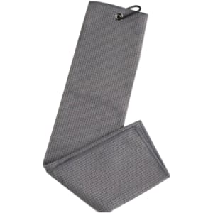A grey waffle golf towel with a hanging loop. The towel features a textured pattern.