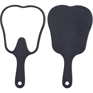 A tooth-shaped face mirror in black, featuring a handle and an outline design, with a smooth reflective surface.