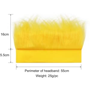 A bright yellow headband wig with fluffy hair, measuring 16 cm in height and 5.5 cm in width.