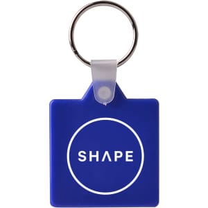 A square hard plastic keyring in blue featuring a circular design and a metal keyring attachment.