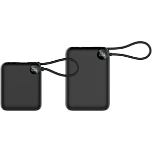 A black power bank with a charging cable, featuring two sizes and a small display on one.