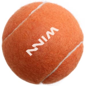 An orange pet tennis ball with white stripes and a logo, featuring a fuzzy texture.