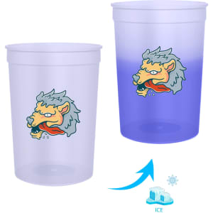 A drink cup featuring a logo, transitioning from clear to blue when filled, made from plastic.
