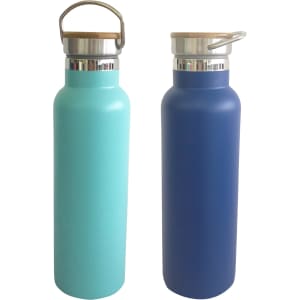 A drink bottle set featuring a teal and a navy blue 600ml double wall vacuum design, both with bamboo lids and silver accents.