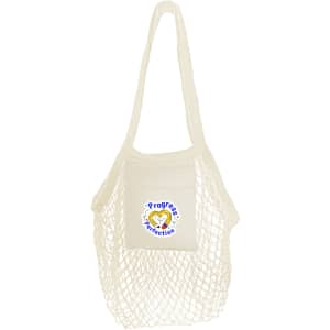 A cream mesh tote bag with a single shoulder strap and a front pocket. It features a logo.