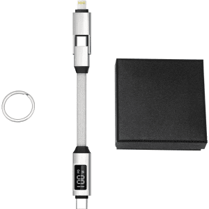 A 100W 3-in-1 aluminium charging cable with a digital display, alongside a black presentation box and keyring.