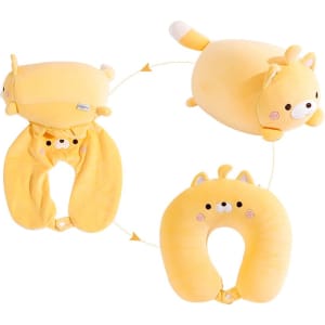 A plush, cat-shaped travel pillow in yellow, designed as a two-in-one product, featuring a cute face and tail.