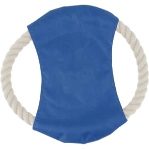 A blue Frisbee dog toy featuring a soft centre and rope handles. The toy includes branding on it.
