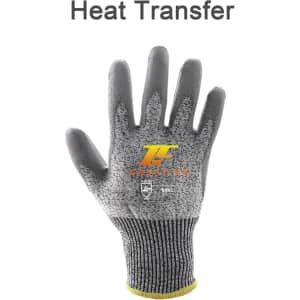 A pair of grey cut-resistant PU gloves with a yellow cuff and branding on the palm area.