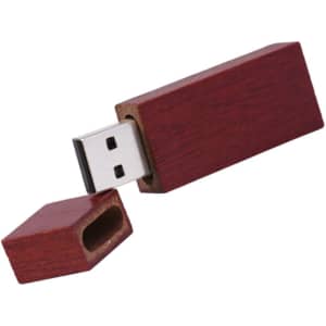 A wooden rectangular flash drive in a rich reddish-brown colour, featuring a removable cap and a metallic USB connector.
