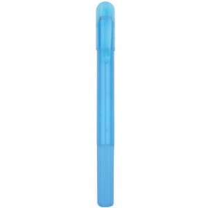 A blue highlighter crayon with a translucent body and a cap, featuring a textured grip and branding.