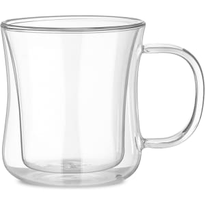A transparent double wall mug with a curved body and a handle, showcasing a sleek glass design.